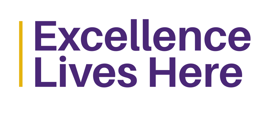 Excellence Lives Here mark, wordmark with gold bar, purple variant, cell 23