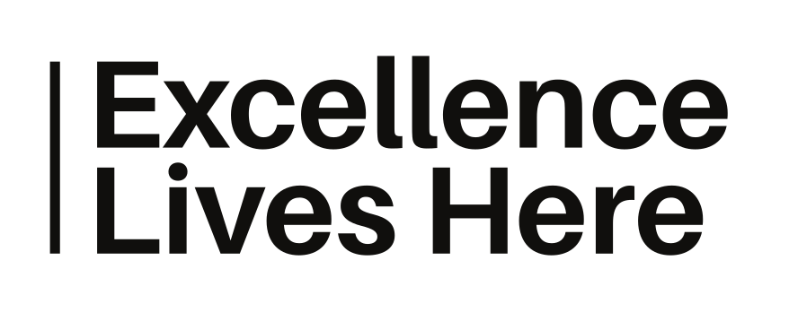 Excellence Lives Here mark, wordmark with black bar, black variant, cell 24