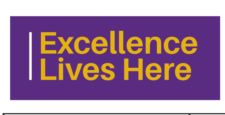 Excellence Lives Here mark, wordmark on purple background, gold text variant