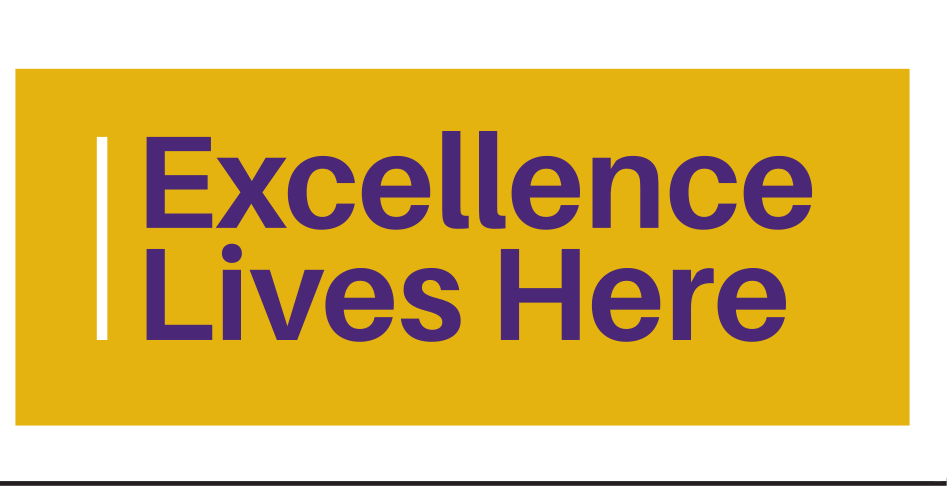 Excellence Lives Here mark, wordmark on gold background, purple text variant