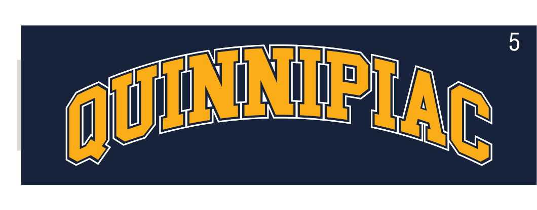 Quinnipiac wordmark, arched, gold outline, navy background variant, cell 50