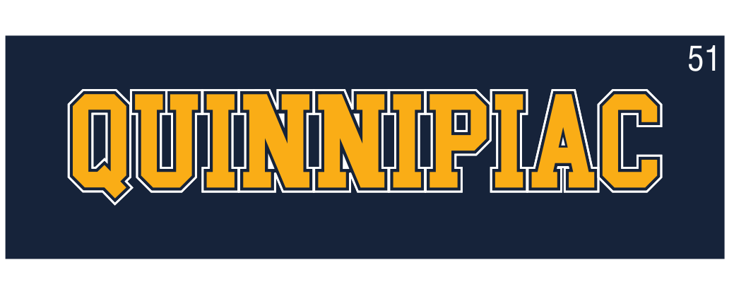 Quinnipiac wordmark, straight, gold outline, navy background variant, cell 51