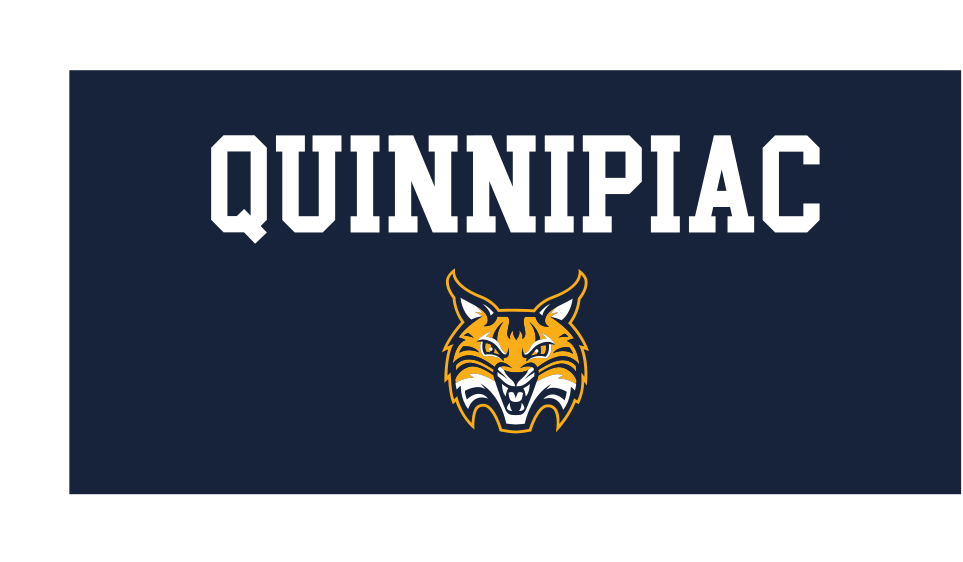 Quinnipiac/Grower lockup, white wordmark, full color head, navy background variant, cell 46