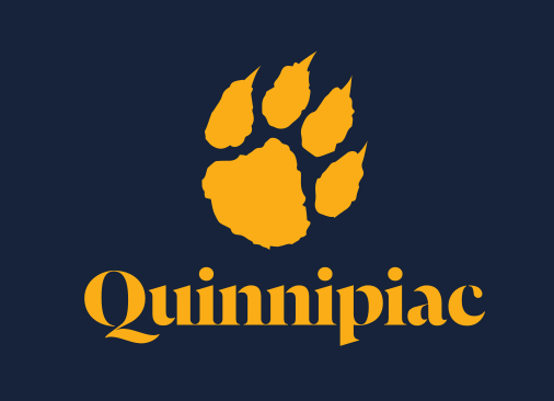 Bobcat paw with Quinnipiac wordmark stacked, gold on navy variant, cell 143