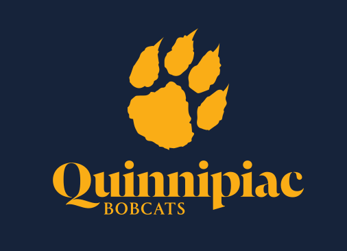 Bobcat paw with Quinnipiac Bobcats wordmark stacked, gold on navy variant, cell 146