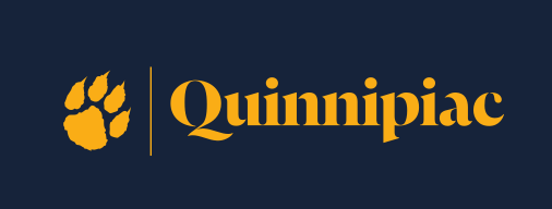 Bobcat paw icon with Quinnipiac wordmark horizontal, gold on navy variant, cell 150