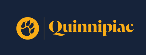 Bobcat paw in circle with Quinnipiac wordmark horizontal, gold on navy variant, cell 154