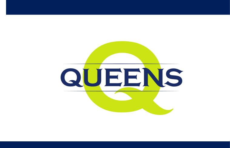 Queens wordmark with stylized Q, color variant, cell 3