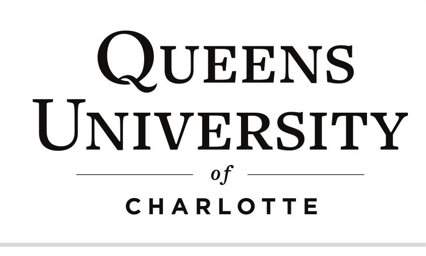 Queens University of Charlotte serif wordmark, black, stacked variant, cell 37
