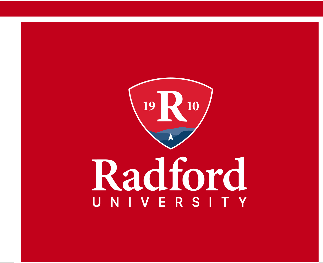 Radford University logo, vertical, full color, reverse variant, cell 2