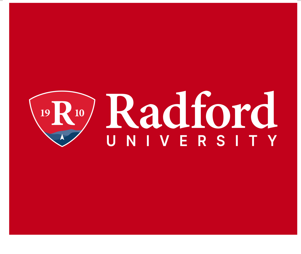Radford University logo, horizontal, full color, reverse variant, cell 7