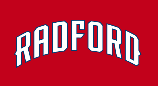 Radford arched wordmark, white/blue on red variant, cell 26