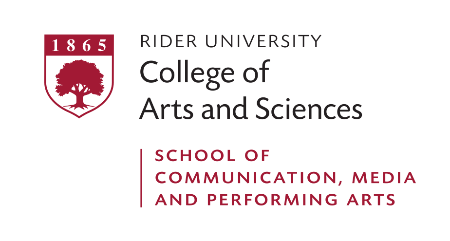 Rider University College of Arts and Sciences School of Communication, Media and Performing Arts logo, full color on white variant, cell 199