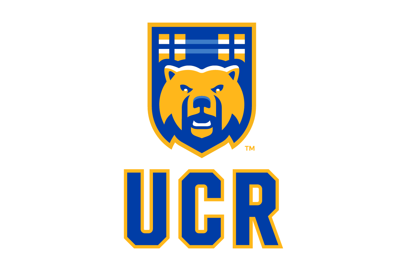 bear head shield with UCR wordmark, blue and gold tartan with white outline variant, cell 39
