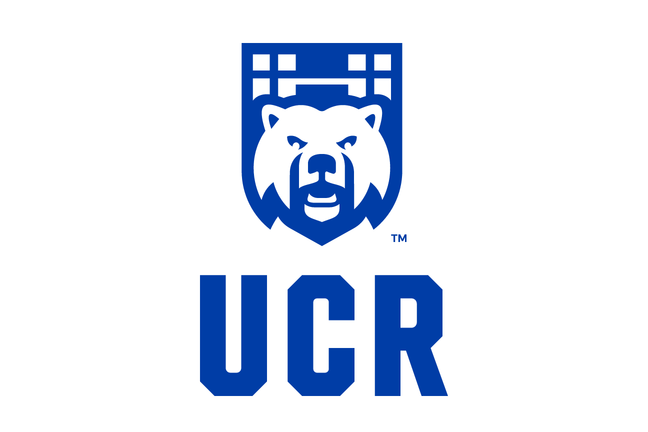 bear head shield with UCR wordmark, blue with white outline variant, cell 42