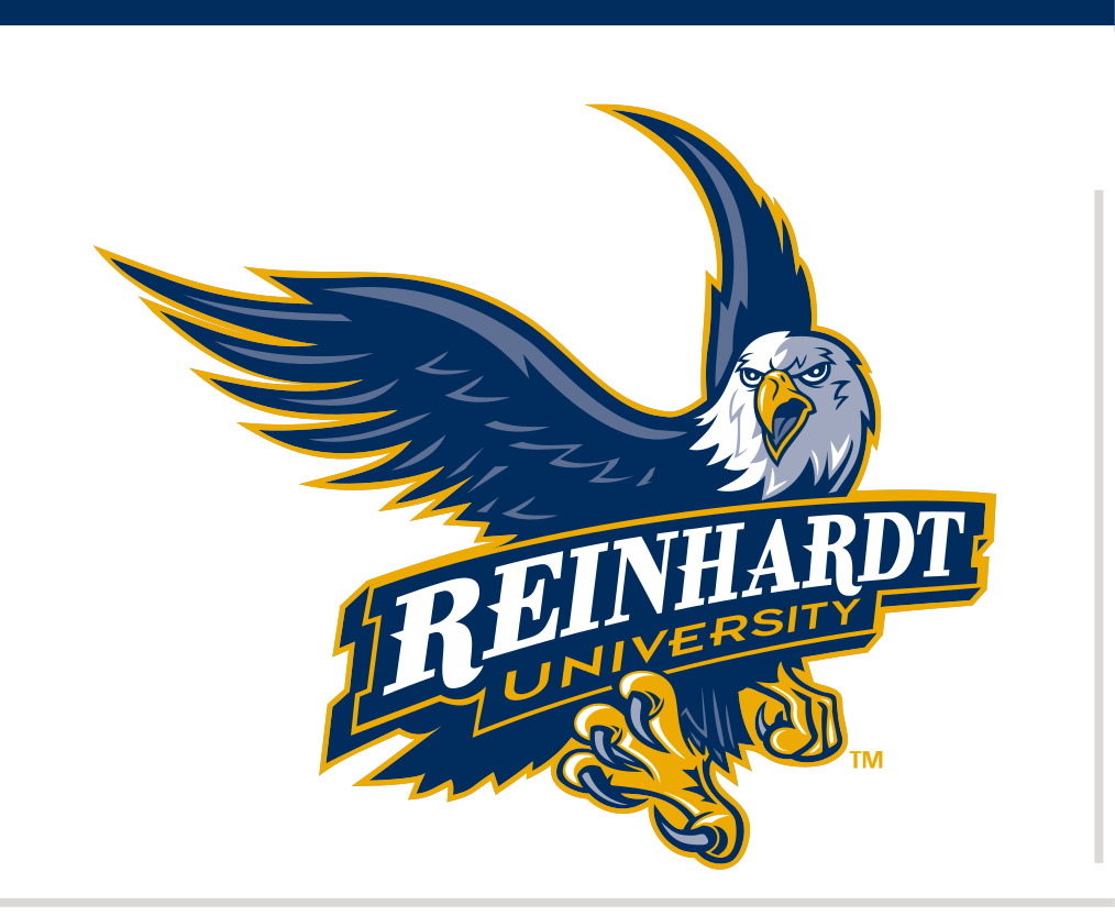 Eagle mascot with Reinhardt University wordmark, full color variant, cell 1