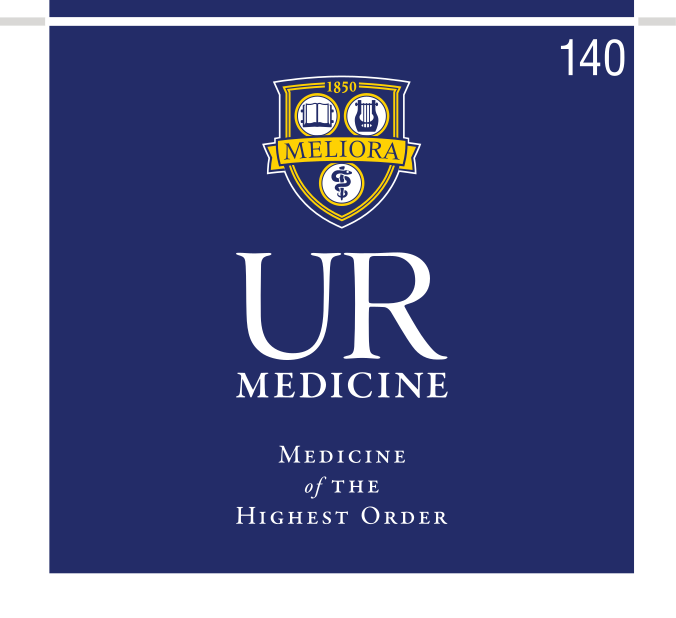 UR Medicine logo, vertical, 4-color, reverse variant, cell 140