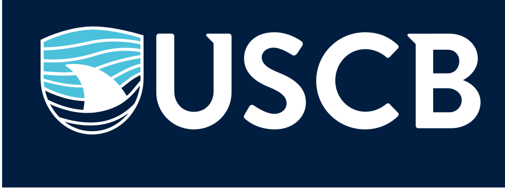 USCB logo with shark fin, reverse color variant, cell 35