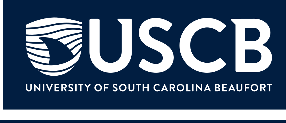 USCB logo with shark fin and university name, reverse color variant, cell 34