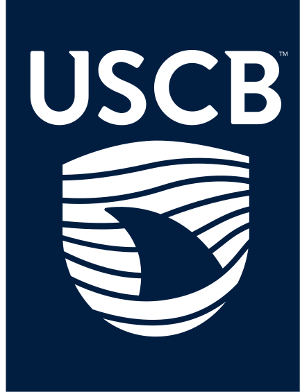 USCB wordmark with shark fin, reverse color variant, cell 37