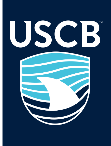 USCB wordmark with shark fin, reverse color variant, cell 38