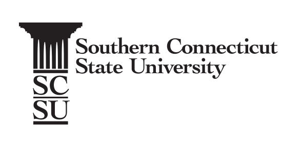 Southern Connecticut State University wordmark with SC SU column cap logo, black variant, cell 22