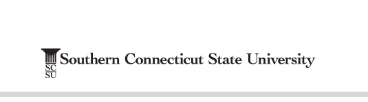 Southern Connecticut State University wordmark with SC SU column cap logo, one-line, black variant, cell 24
