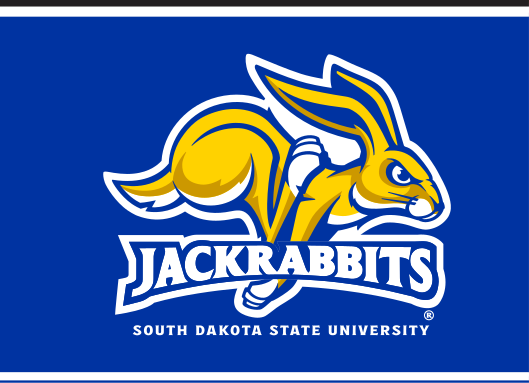 Jackrabbit head with wordmark and university name, embroidery full color on blue variant, cell 63