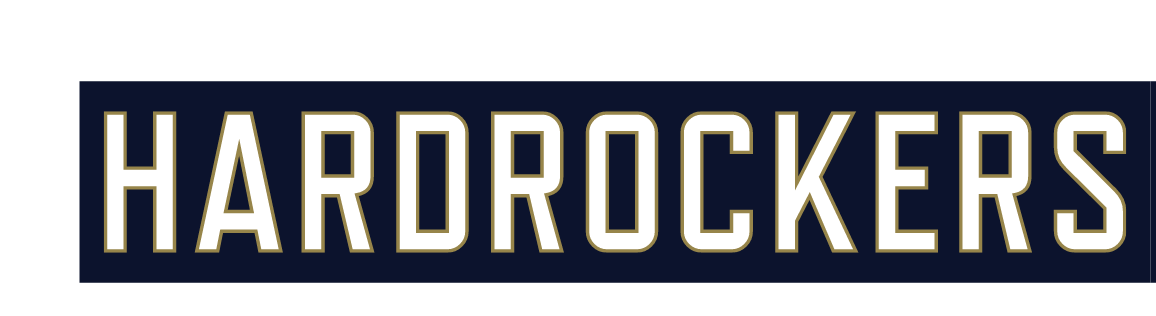 HARDROCKERS wordmark, gold outline on navy variant