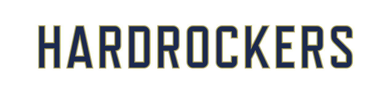 HARDROCKERS wordmark, navy with gold outline variant