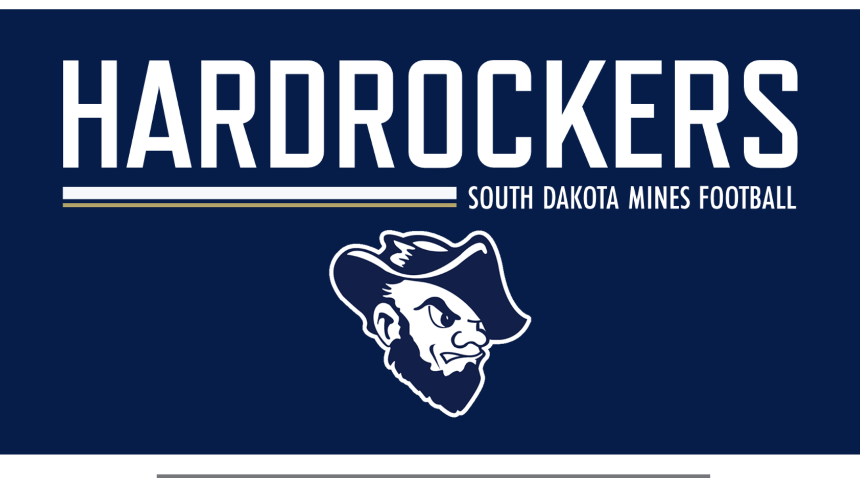 Hardrockers wordmark with Grubby mascot and South Dakota Mines Football text, white and gold on navy background variant