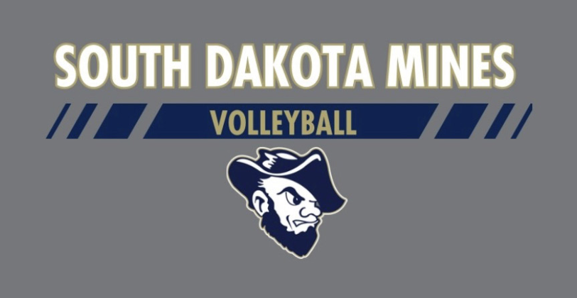 South Dakota Mines Volleyball wordmark with Grubby mascot, white, gold, and navy on grey background variant
