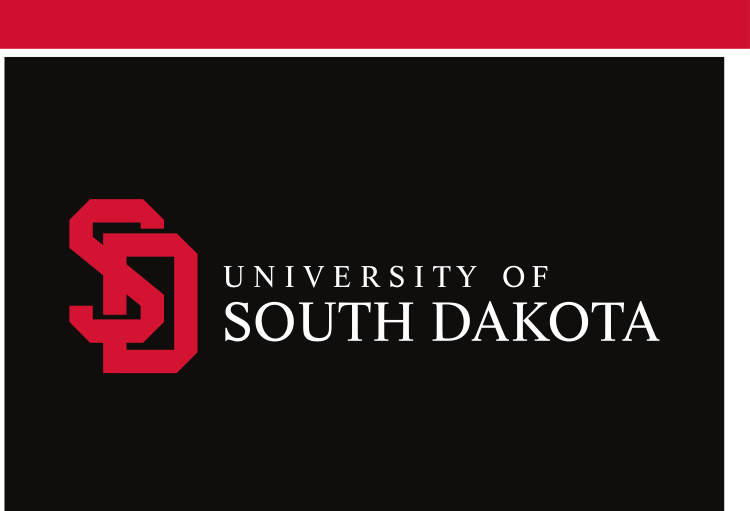 University of South Dakota logo, horizontal, red SD, white text, black background variant