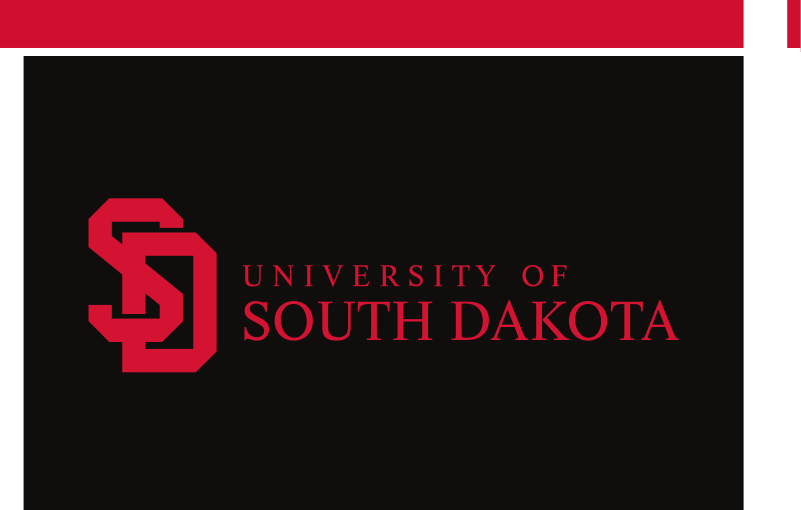 University of South Dakota logo, horizontal, red SD, white and red text, black background variant