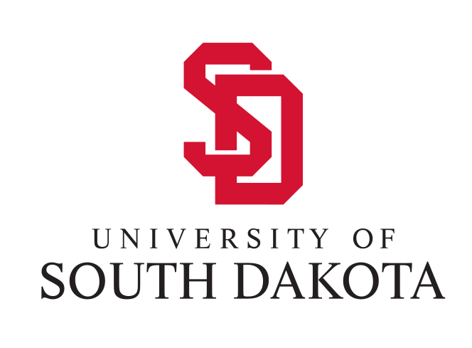 University of South Dakota logo, stacked, red SD, black text variant