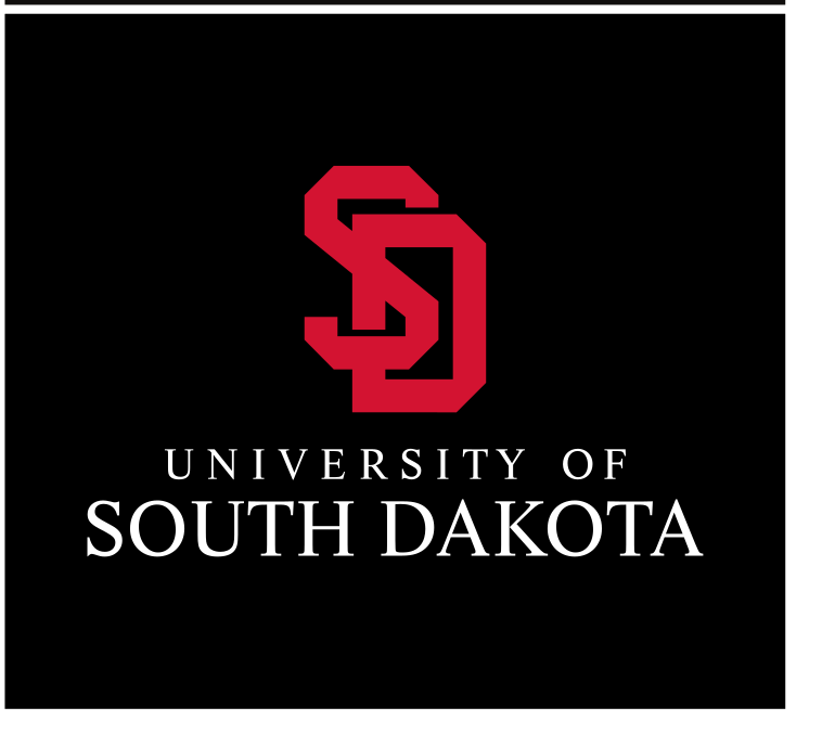 University of South Dakota logo, stacked, red SD, white text, black background variant