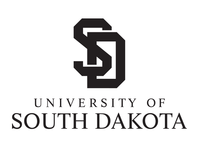 University of South Dakota logo, stacked, black SD, black text variant