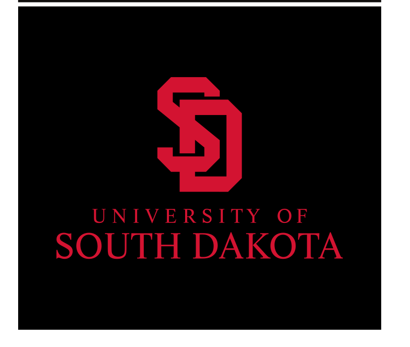 University of South Dakota logo, stacked, red SD, white and red text, black background variant