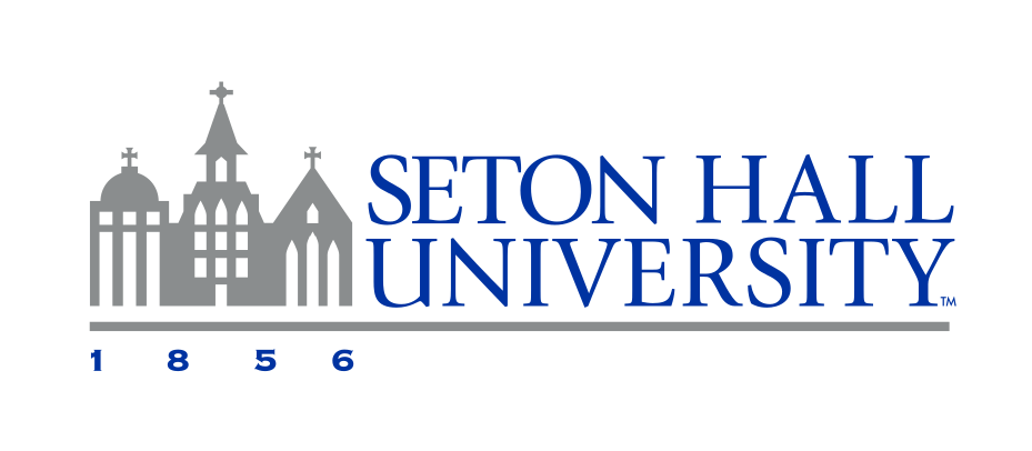 Seton Hall University logo, horizontal, building left, blue variant, cell 6