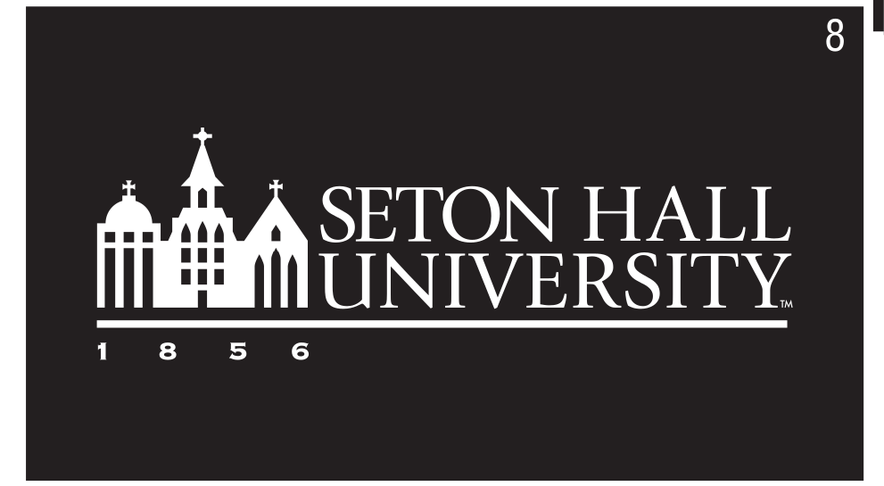 Seton Hall University logo, horizontal, building left, white on black variant, cell 8