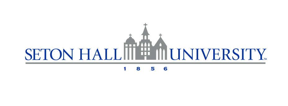 Seton Hall University logo, horizontal, building center, blue variant, cell 9