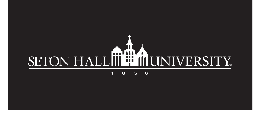 Seton Hall University logo, horizontal, building center, white on black variant, cell 11
