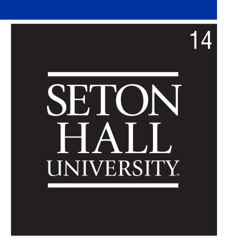 Seton Hall University wordmark, stacked, white on black variant, cell 14