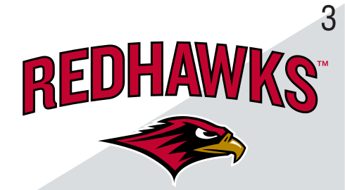 Redhawks mascot lockup, color variant, cell 33