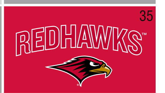 Redhawks mascot lockup, color on red variant, cell 35