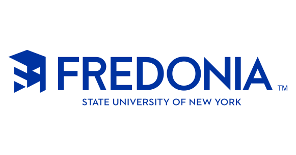 Fredonia University logo, stacked, blue variant, cell 6
