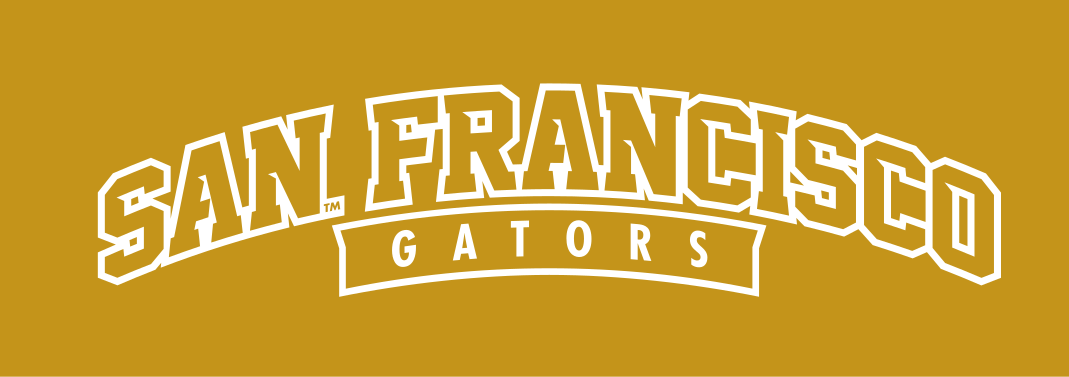 San Francisco Gators wordmark, arched, white on gold variant, cell 28