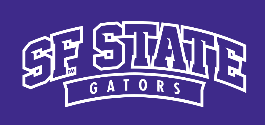 SF State Gators wordmark, arched, white on purple variant, cell 38