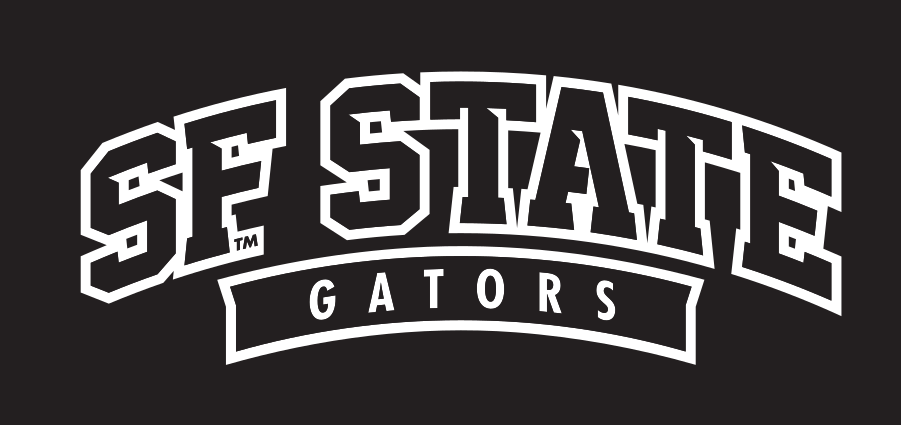 SF State Gators wordmark, arched, white on black variant, cell 39
