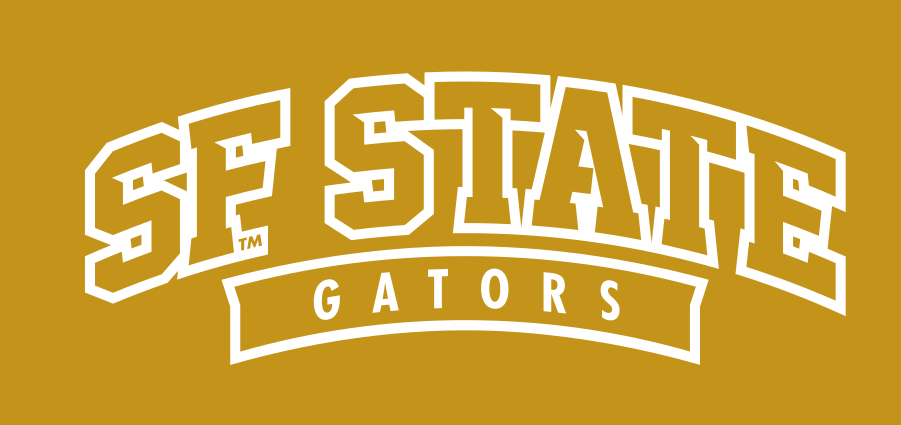 SF State Gators wordmark, arched, white on gold variant, cell 40